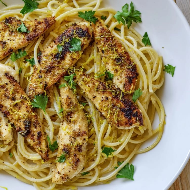 Savory Italian-American pasta with bright citrus notes, served with a glass of crisp white wine for dinner.