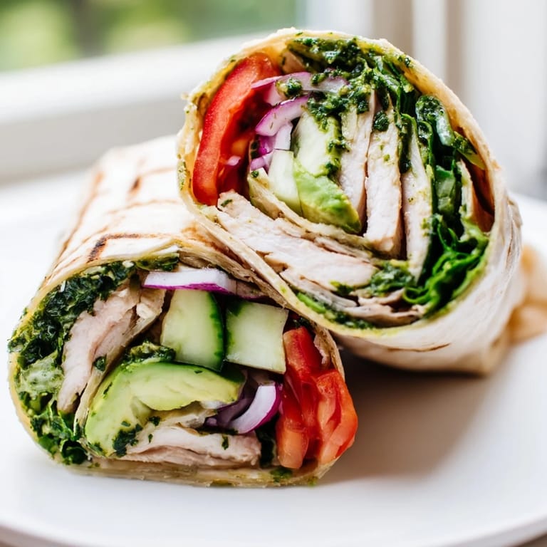 Freshly rolled Chimichurri Chicken Salad Wrap stuffed with grilled chicken, lettuce, cucumber, and avocado.