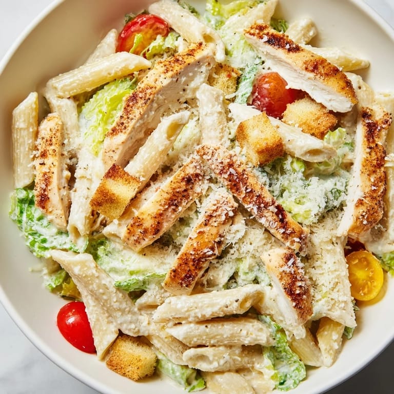 A delicious Caesar Pasta Chicken Bowl topped with Parmesan and cherry tomatoes, served warm or chilled for an easy dinner.