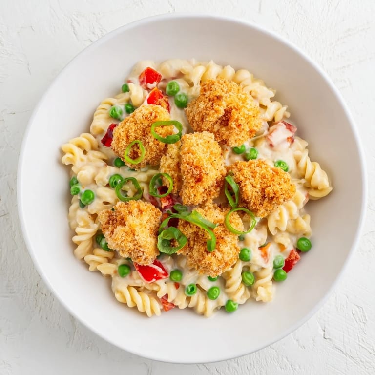 A fork lifts a bite of crispy chicken ranch pasta salad, showing tender chicken and fresh green onions on a plate.