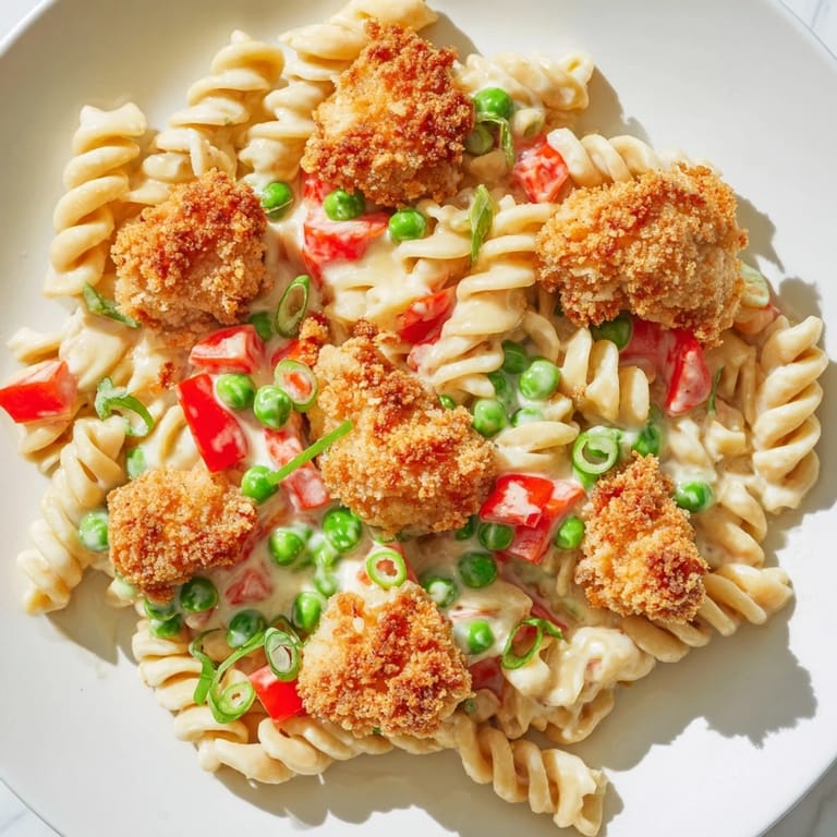 Served in a rustic white bowl, this homemade crispy chicken ranch pasta salad makes a perfect potluck or picnic main dish.