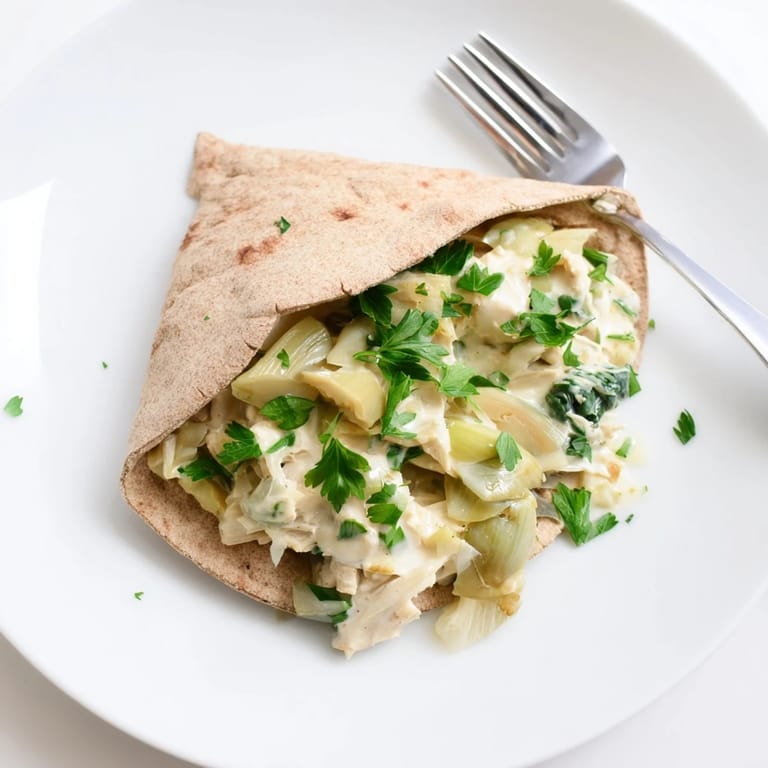 Freshly baked Spinach Artichoke Chicken Stuffed Pita cut to reveal the creamy, chunky filling inside.