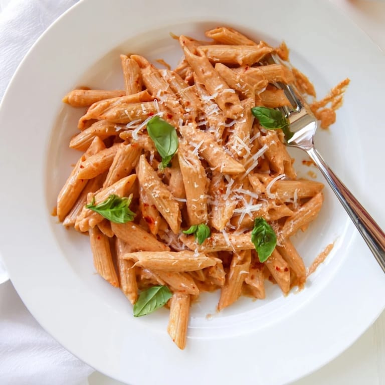 A close-up of creamy roasted red pepper pasta twirled on a fork, showing the velvety orange sauce.  