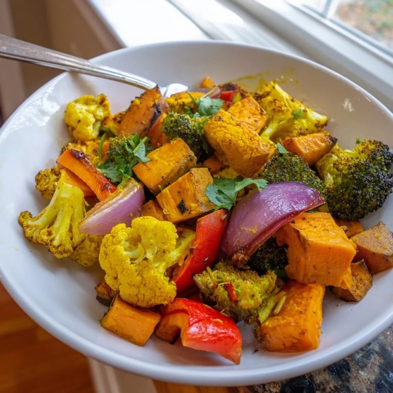 This easy Anti-Inflammatory Turmeric Roasted Vegetables recipe is served over fluffy quinoa, garnished with fresh cilantro and a bright lemon drizzle.  