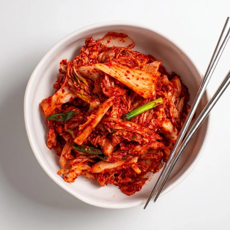 Spicy, tangy kimchi packed with probiotics in a clear jar, featuring bold gochugaru and garlic aromas.