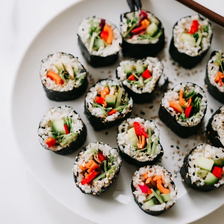 Fresh vegan nori rolls with vegetables featuring bright slices of cucumber, bell pepper, and avocado, arranged on a white plate for an easy, healthy snack.
