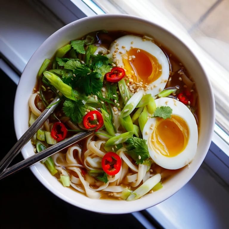 Shirataki Noodles With Broth served with chili slices and sesame seeds, perfect for a low-carb, comforting meal.  