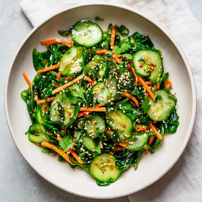 Vibrant vegan seaweed salad featuring tender wakame, scallions, and chili flakes, perfect as a light appetizer or chilled side dish.