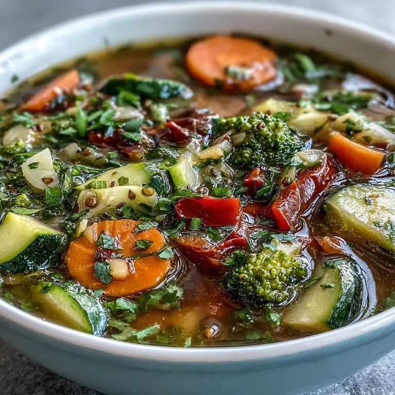A ladle lifts tender vegetables from a pot of aromatic Ginger Vegetable Soup with visible specks of grated ginger. 