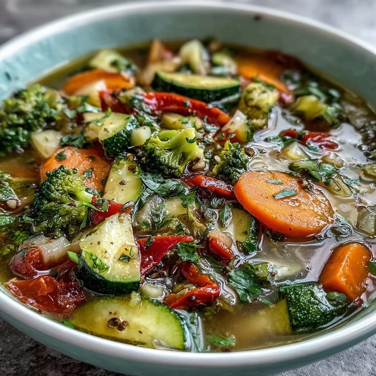Colorful diced zucchini, red bell pepper, and carrots simmer in ginger broth, with a spoon ready for serving.