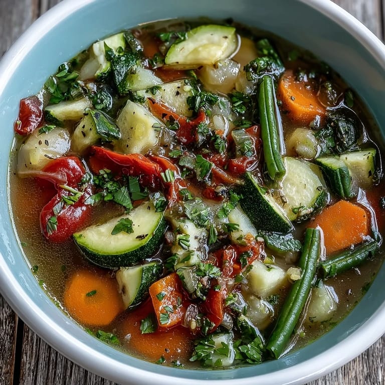 Close-up of Italian Herb Vegetable Soup featuring colorful Mediterranean vegetables, served warm for a comforting lunch.