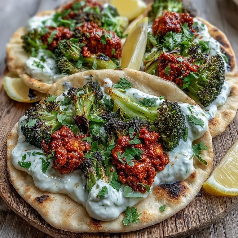 Overhead view of a vegetarian harissa broccoli and flatbreads dinner plated with yogurt dollops and vibrant herbs.