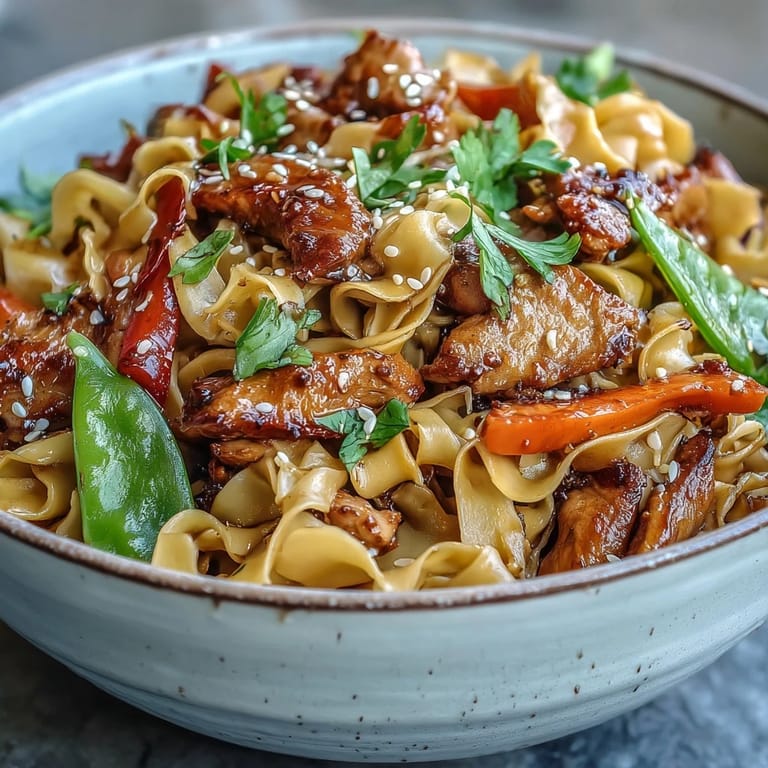 Tender pork and noodles in Pork Noodle Stir-Fry, plated fresh with a sprinkle of sesame seeds.