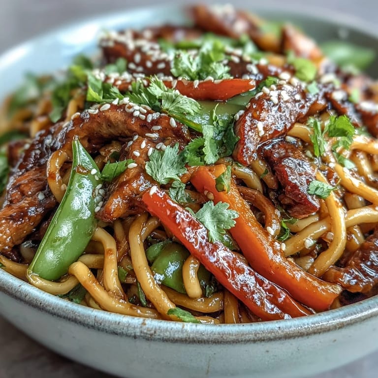 Wok-seared Pork Noodle Stir-Fry featuring crisp vegetables and steamy noodles, ready to serve for dinner.