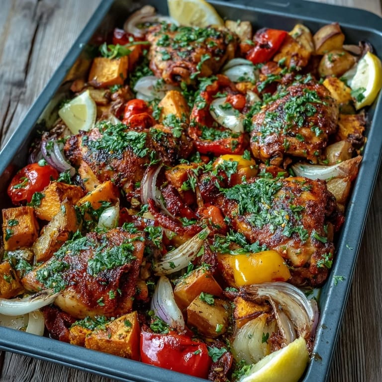 A vibrant Chicken and Sweet Potato Traybake with blistered cherry tomatoes, fresh herbs, and lemon wedges for serving.