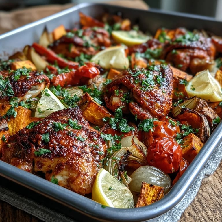One-pan Mediterranean Chicken and Sweet Potato Traybake with tender vegetables, crispy chicken skin, and colorful peppers ready to plate.