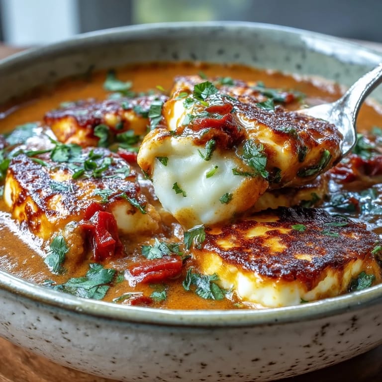 Golden fried halloumi cubes rest in a silky, spiced tomato and coconut curry sauce.