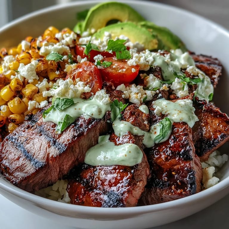 Juicy steak slices and avocado chunks sit on grains, drizzled with green cilantro cream for a zesty finish.