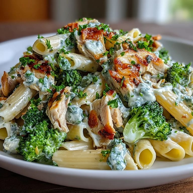 Serving High Protein Rotisserie Chicken Broccoli Pasta garnished with fresh parsley and extra Parmesan.
