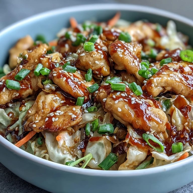 Steaming savory Egg Roll Bowls with Chicken and Cabbage made with golden chicken, shredded carrots, and green cabbage in a tangy soy sauce.