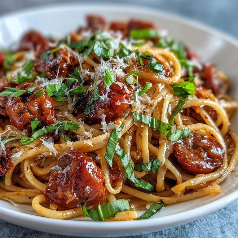 Vibrant Italian Drunken Noodles plated with fresh basil and lemon, served alongside a crisp green salad.