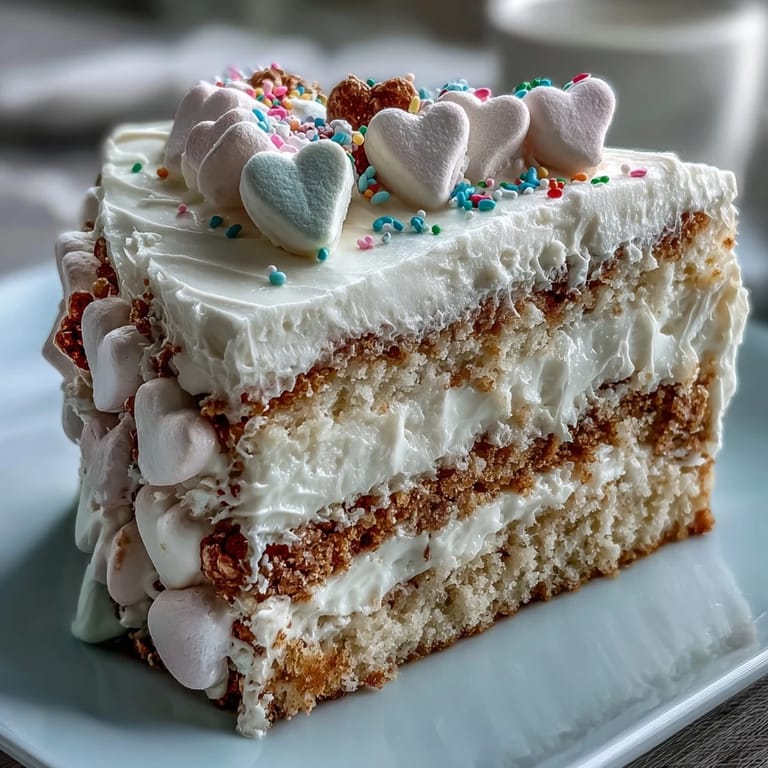 Chilled and creamy, Candy Hearts Fake Cake is served on a white plate with rainbow sprinkles.