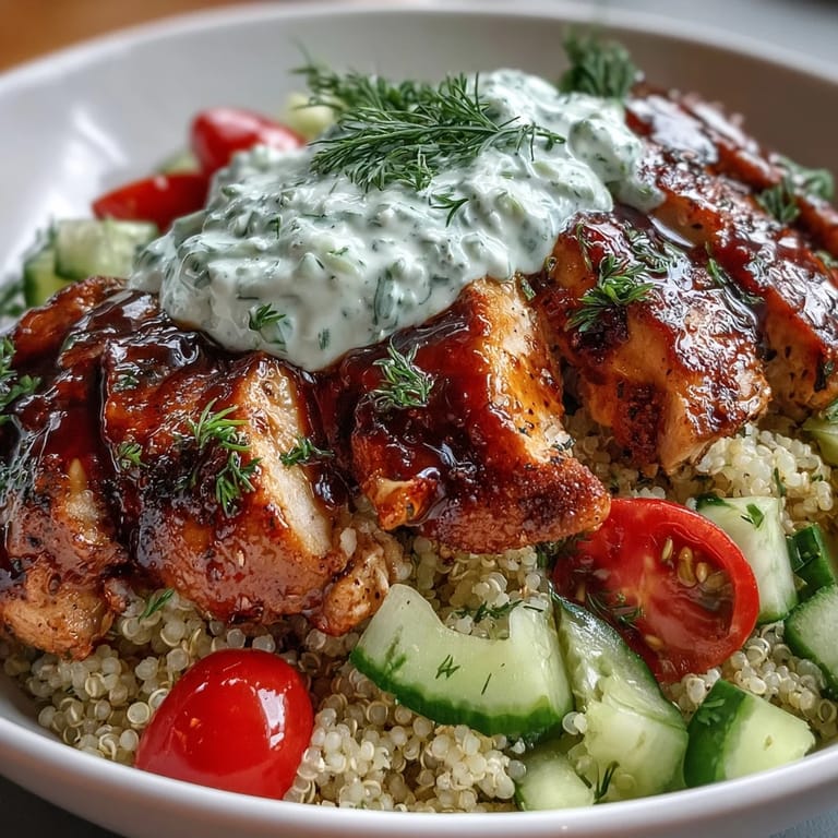 A close-up of the Greek Chicken Power Bowl shows bright cherry tomatoes, diced cucumber, and a generous dollop of cool tzatziki beside tender chicken.