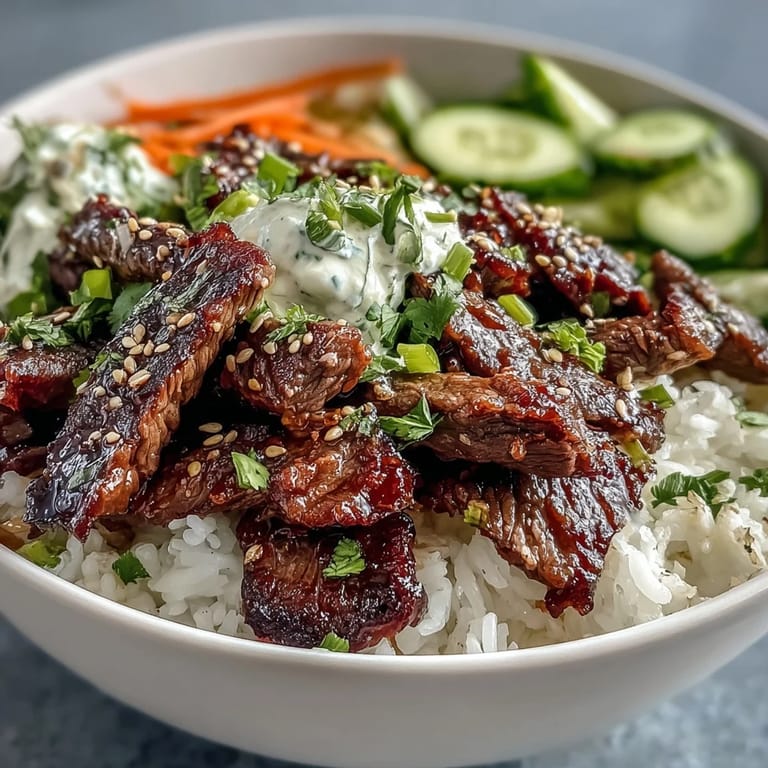 Close-up of a Korean Beef Power Bowl featuring seared beef, crisp veggies, and a drizzle of creamy sriracha mayo over rice.