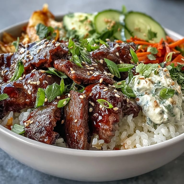Sizzling Korean Beef Power Bowl topped with tangy pickled carrots, fresh jalapeños, and green onions, ready to serve for dinner.