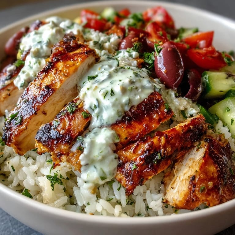 A finished Greek Chicken Bowl topped with briny Kalamata olives, fresh dill, and lemon wedges.