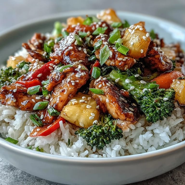 Close-up of a saucy teriyaki chicken and rice bowl with fluffy rice and a drizzle of sauce.