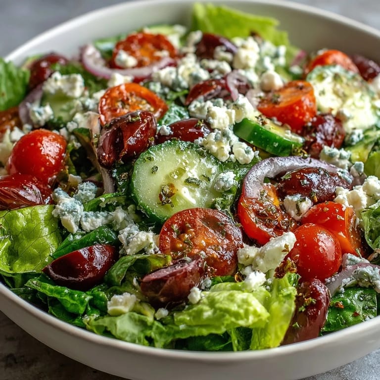 Freshly prepared Greek Salad Bowl served in a white bowl, featuring crisp romaine lettuce, sliced red onion, halved cherry tomatoes, and crumbled feta cheese, ready to enjoy.