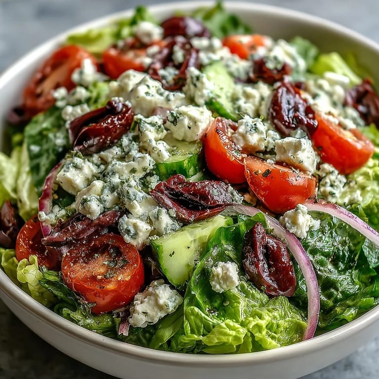 Close-up of a vibrant Greek Salad Bowl showcasing crisp romaine, crunchy cucumber slices, briny Kalamata olives, and creamy feta cheese, drizzled with a classic Greek vinaigrette.