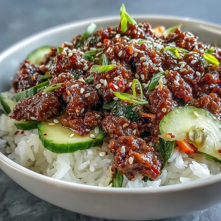 Gochujang-seasoned ground beef steams over fluffy white rice in a hearty Korean Beef Bowl topped with crisp cucumber slices and sesame seeds.