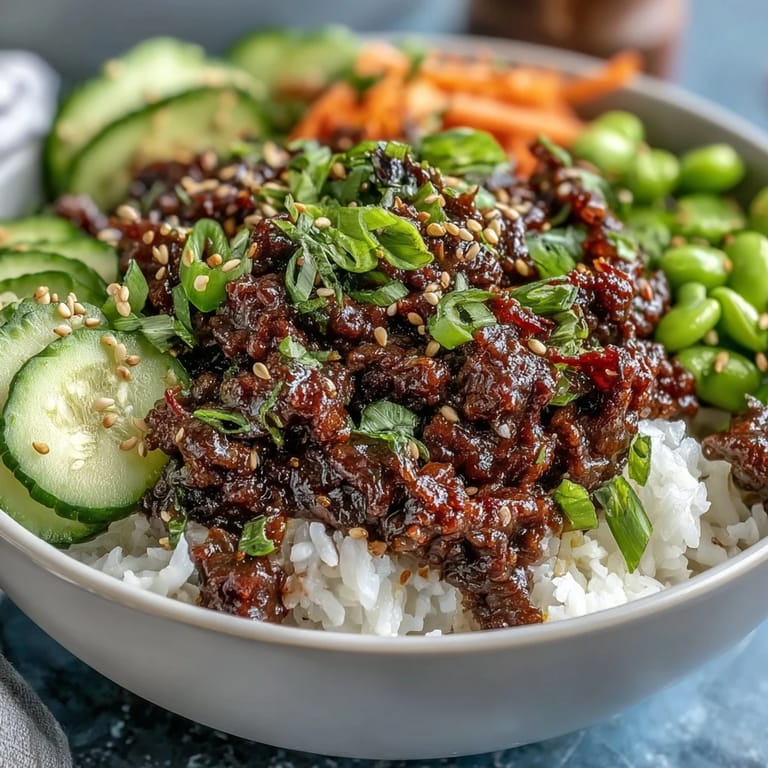 Freshly assembled Korean Ground Beef Bowl featuring spicy beef, edamame, tangy kimchi, and vibrant veggies ready for a weeknight dinner.