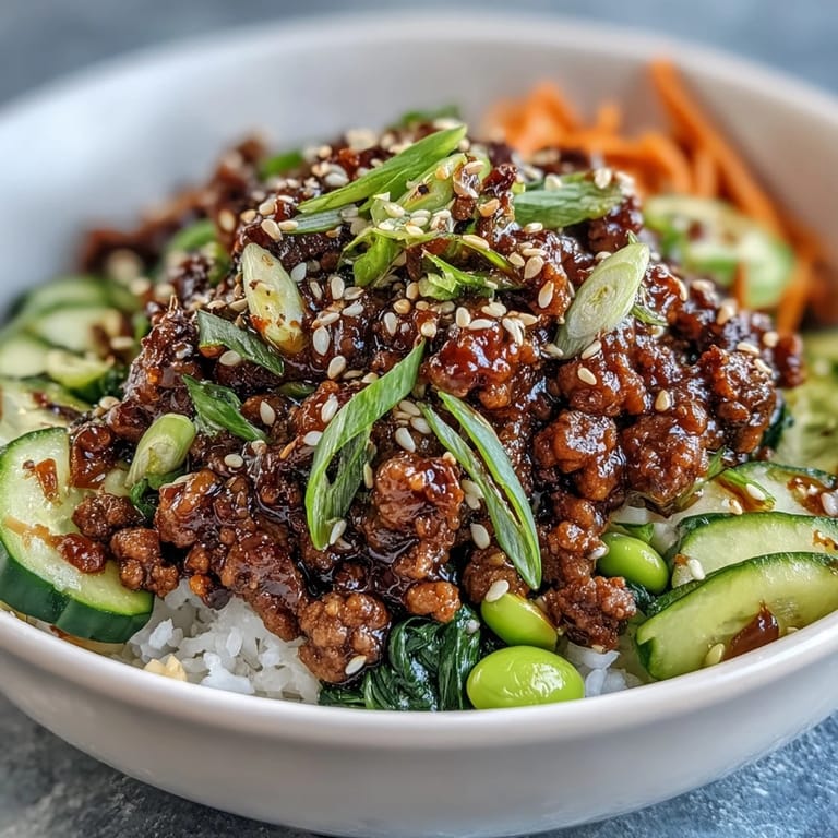 Colorful Korean Ground Beef Bowl garnished with green onions and sesame seeds, served alongside chopsticks on a rustic wooden table.