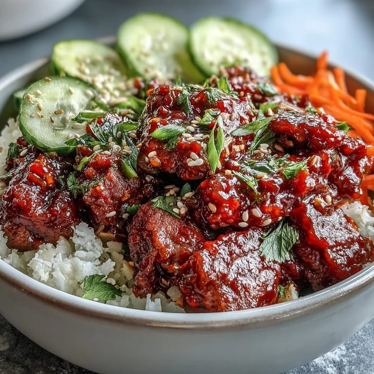 Sizzling ground beef in a spicy gochujang sauce, served in a bowl with fresh carrots cucumbers and green onions for garnish.