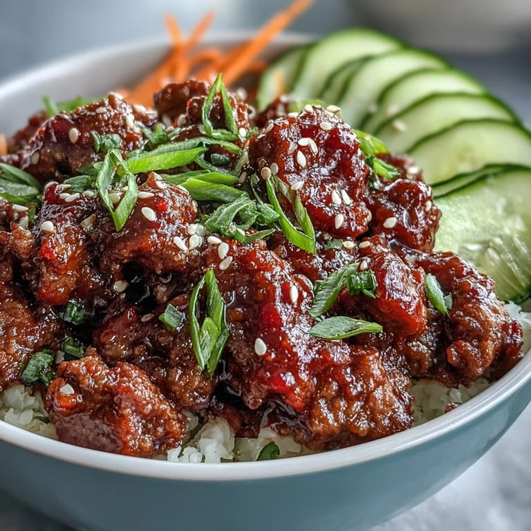 A close-up of an Easy Korean Beef Bowl topped with crunchy carrots and cucumber slices alongside a spoonful of spicy beef.