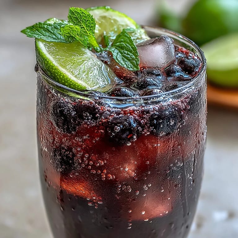 Frosted glass holding a vibrant Black Currant Mocktail garnished with thin lime slices and mint, ready to sip on a warm summer afternoon. 