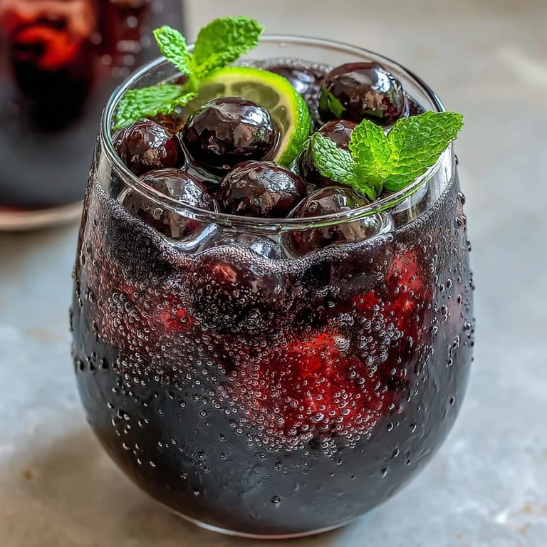 Black Currant Mocktail in a clear glass, deep purple liquid with fizzy bubbles, fresh lime wheels, and mint sprigs over an icy surface.