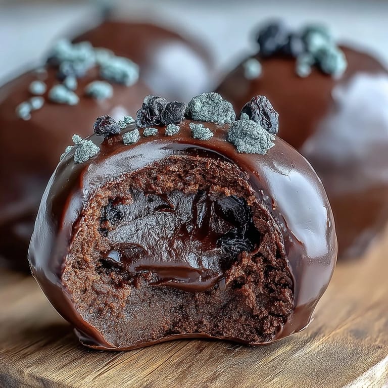 Homemade Black Currant Chocolate Truffles dipped in dark chocolate, ready to serve with coffee.