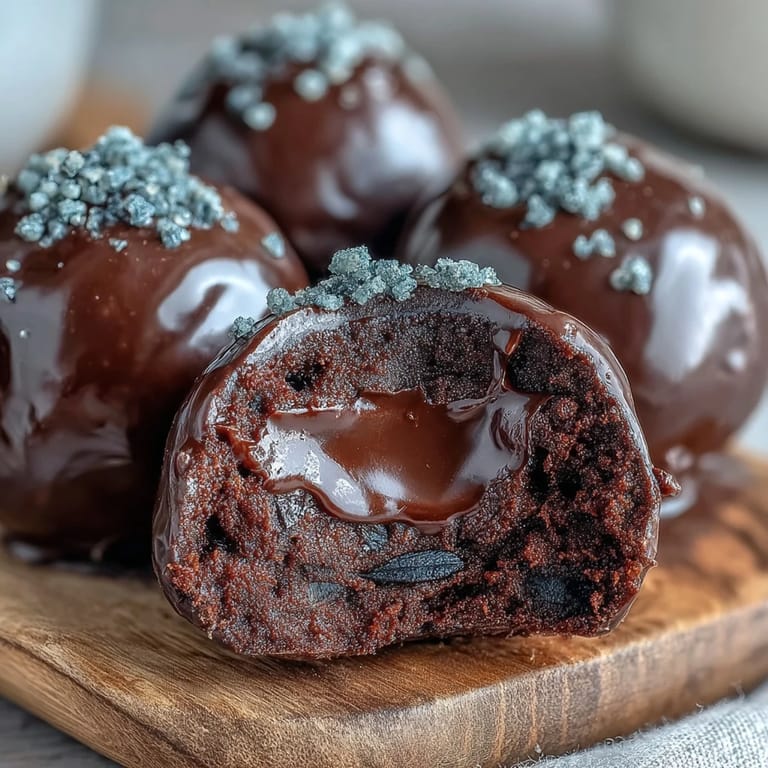 Decadent Black Currant Chocolate Truffles with a tart ganache filling, arranged on a white plate.