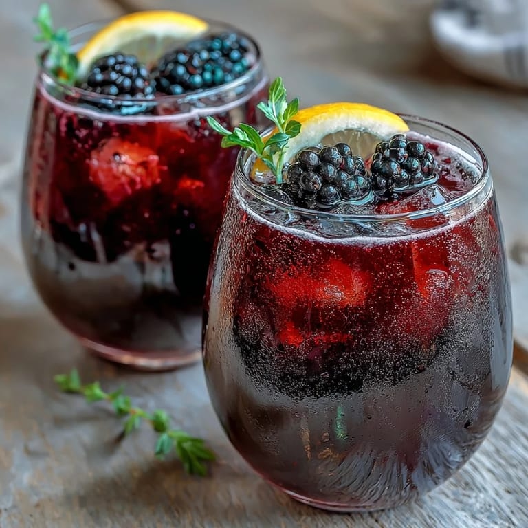 Garnished with fresh blackcurrants and lemon twists, the elegant Black Currant and Cassis Cocktail sits ready for a dinner party.