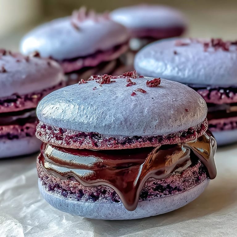 A close-up of glossy Black Currant Macarons resting on parchment, highlighting their smooth tops and vibrant fruit center.
