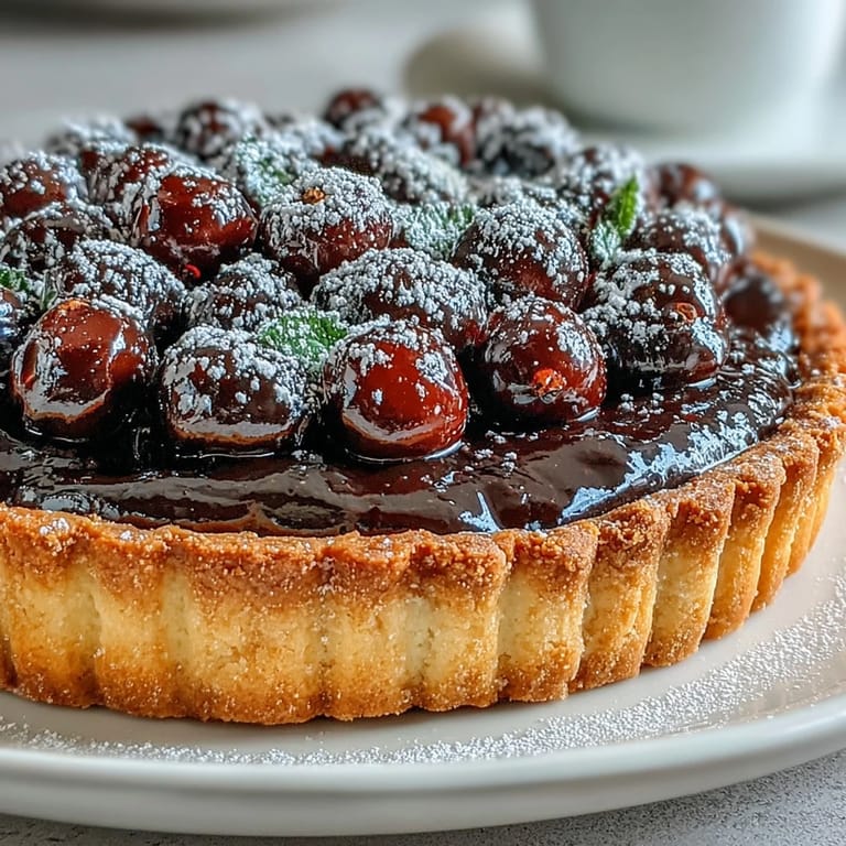Close-up view of a Black Currant Fruit Tart, highlighting a buttery crust, smooth curd, and fresh berry topping.