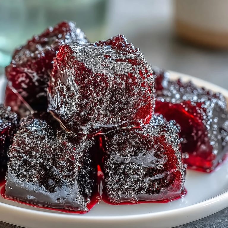 Firm, chewy Black Currant Gummies sitting on a cooling rack, shaped like hearts.