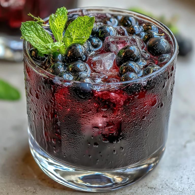 Creamy Black Currant It Berry Celebration Drink smoothie fills a glass, topped with sliced banana and a vibrant purple hue.