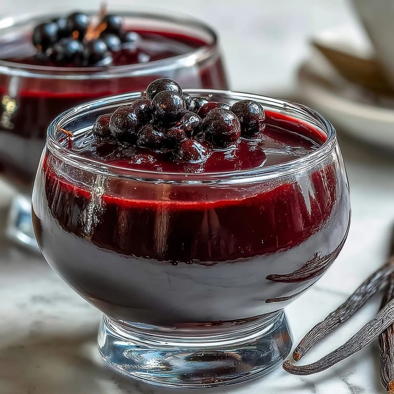 Freshly set Black Currant Panna Cotta in a glass dish, garnished with vibrant whole berries and a spoon.