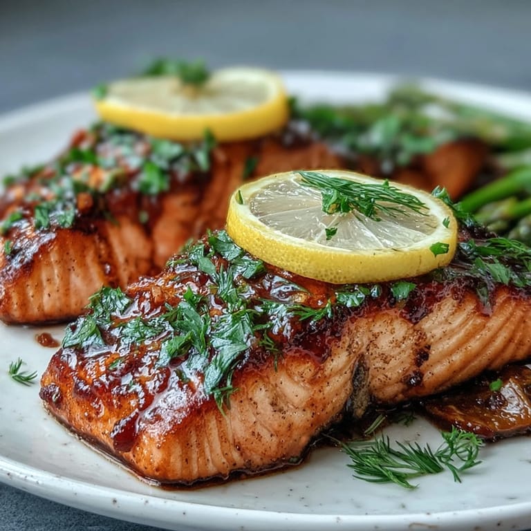 Flaky Marry Me Salmon served with asparagus and lemon wedges for a romantic dinner.