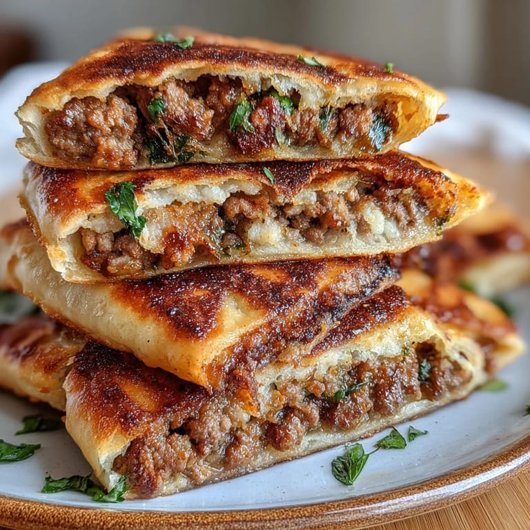 Sliced Crispy Lebanese Arayes reveal juicy, cumin-spiced ground meat nestled inside warm pita pockets.